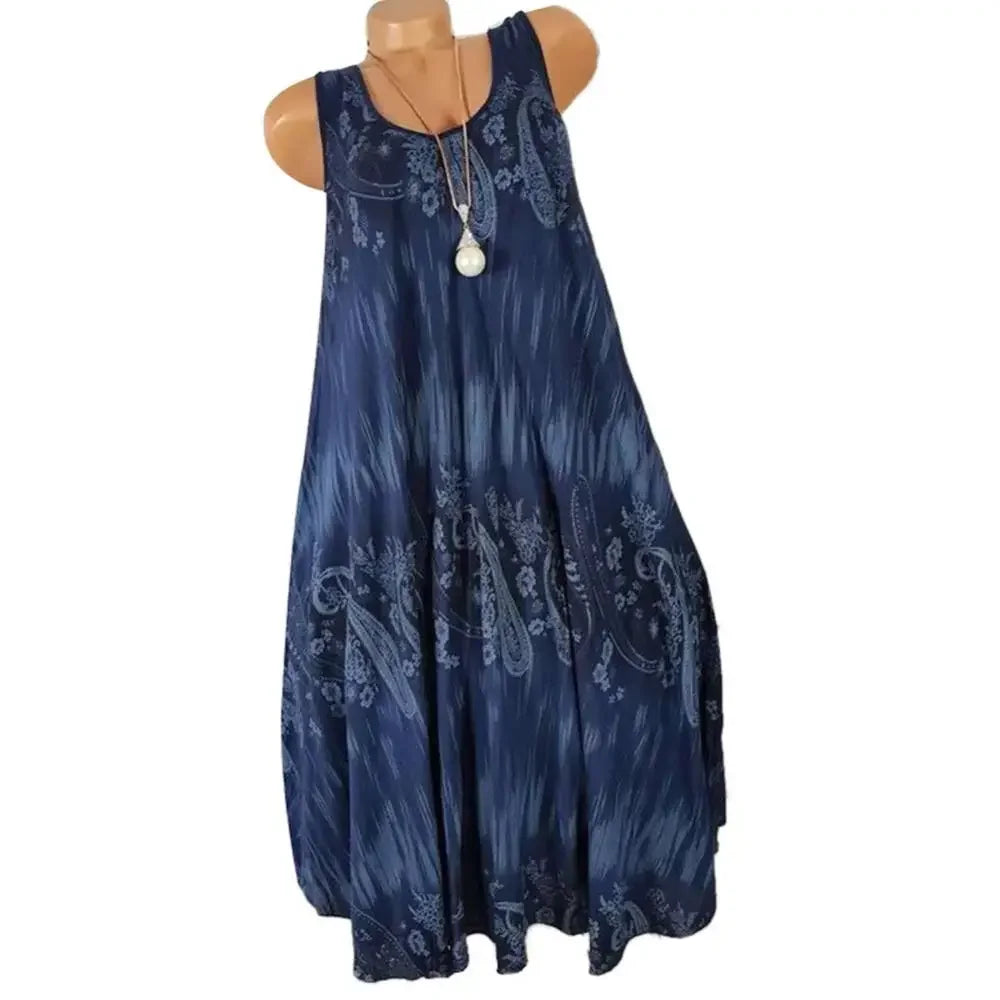 Hot Sales Women Skirt Summer Floral Print Round Neck Sleeveless Loose Pleated Plus Tank Dress for Female