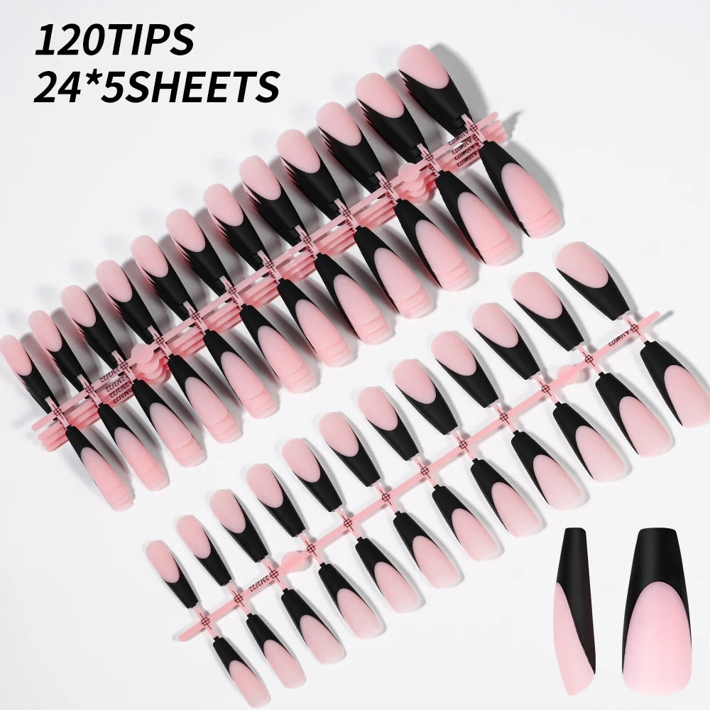 120pcs Black Edge Super Long French False Nail Removable Ballerina Coffin Almond Fake Nail Artificial Acrylic Press On Nail Tips
