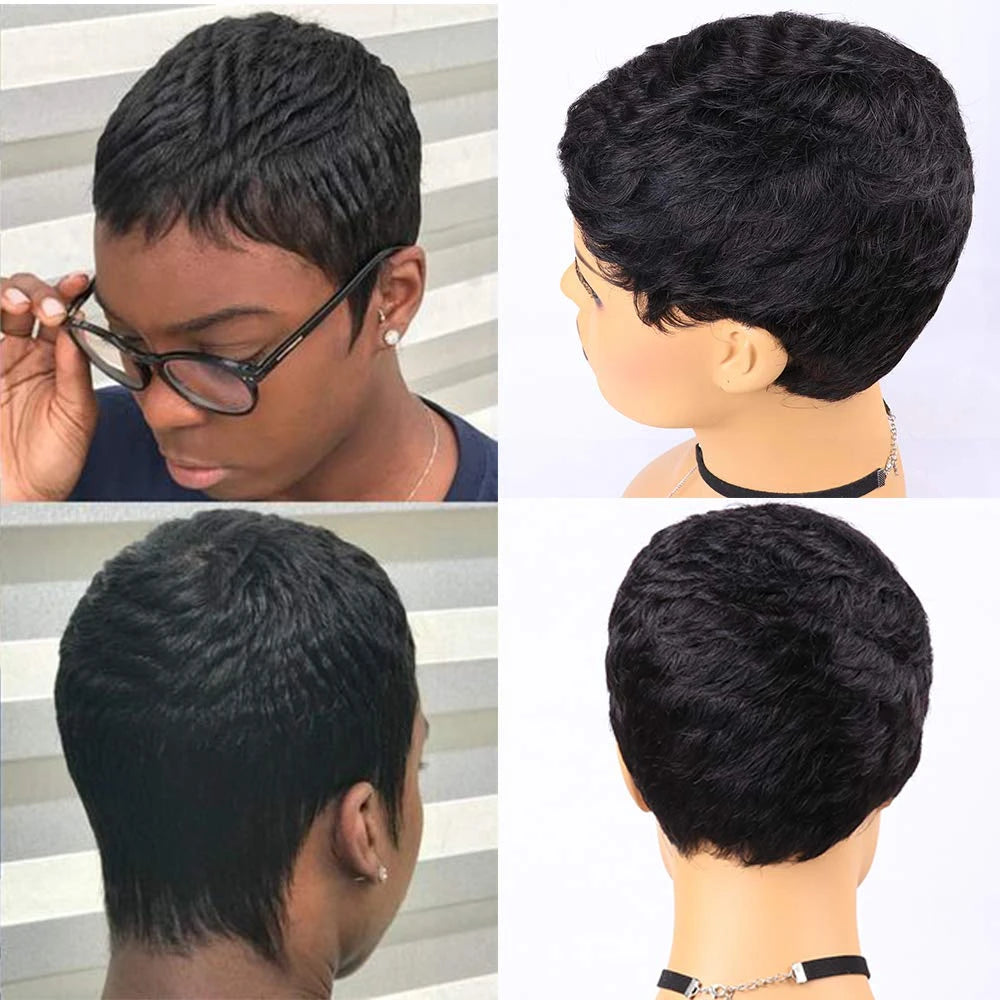 Pelucas Pixie Cut Peluca Corta de Cabello Humano para Mujeres Peluca Ondulada Negra Natural Cabello Remy Hecho a Máquina Completo