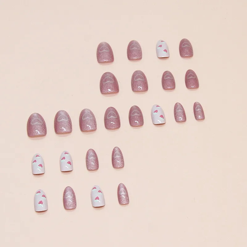 24Pcs Almond Press-On Nails in Pink Cat Eye with Heart & Strawberry Designs – Glossy Acrylic Stick-On Nails for Women & Girls