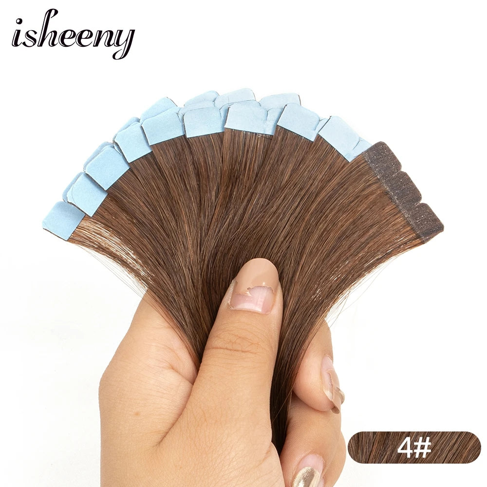 Isheeny 12"-24" Mini Tape Hair Extensions Machine Remy Human Hair Adhesive Tape In Human Hair Natural Straight 10pcs/pack
