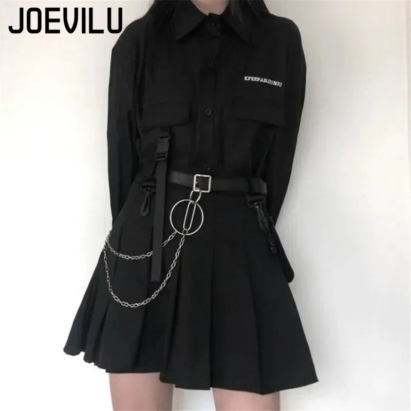 Gothic Skirt Set Long Sleeve Shirt Pleated Skirt 2 Piece Sets Women's Dark Clothes Korean Retro Casual Outfit Fashion Y2k Suit