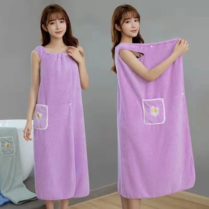 Toalla de baño para el hogar, para mujer, usable, para adultos, absorbe el agua, de poliéster, para secar el cabello, estilo falda larga, albornoz lavable para el baño