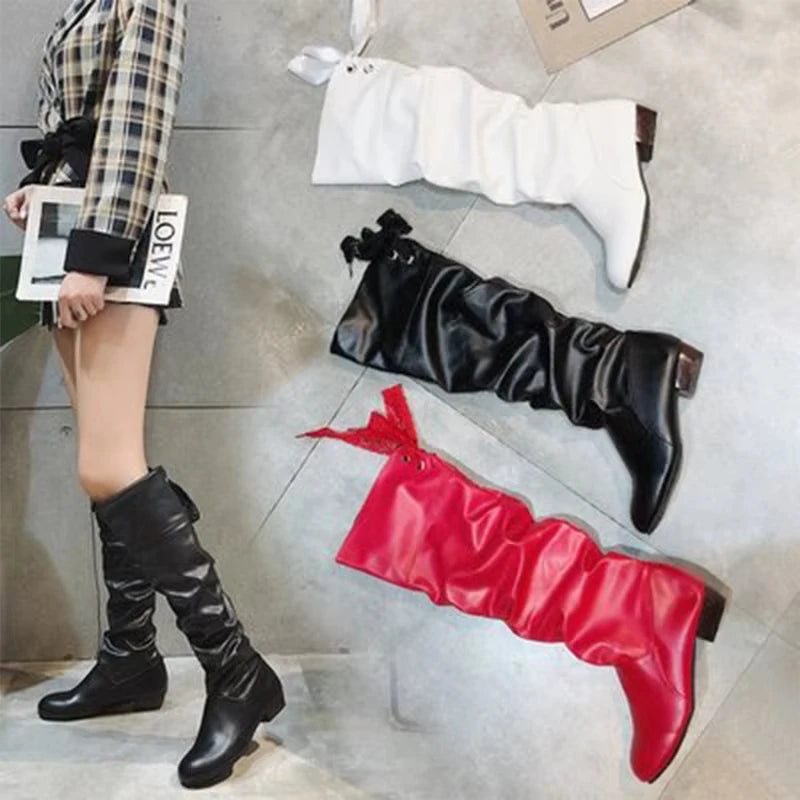 Shoes For Women  Knee High Boots Red Black White Tall Boots Woman Pleated Low Heel Casual Leather Female Long Shoes