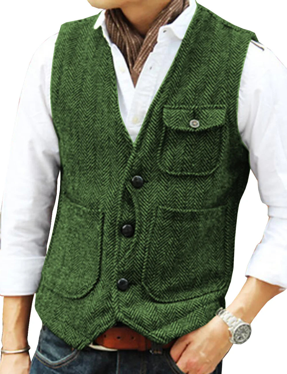 Vest Men's Casual Tooling Formal Herringbone Tweed Brown V Neck Wool Waistcoat Business Vest Groomsman For Wedding Prom