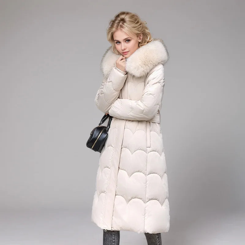 KIDCRKJ Abrigo de invierno pesado para mujer, con cintura ajustada, cuello de piel de lujo, acolchado para mujer, chaqueta larga por encima de la rodilla para mujer