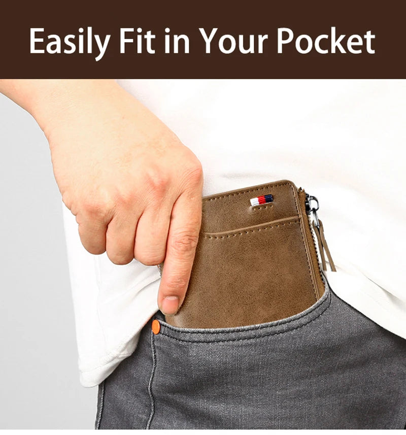 Cartera de cuero para hombre, tarjetero de negocios con cremallera, carteras de lujo para hombre, protección RFID, cartera masculina de lujo