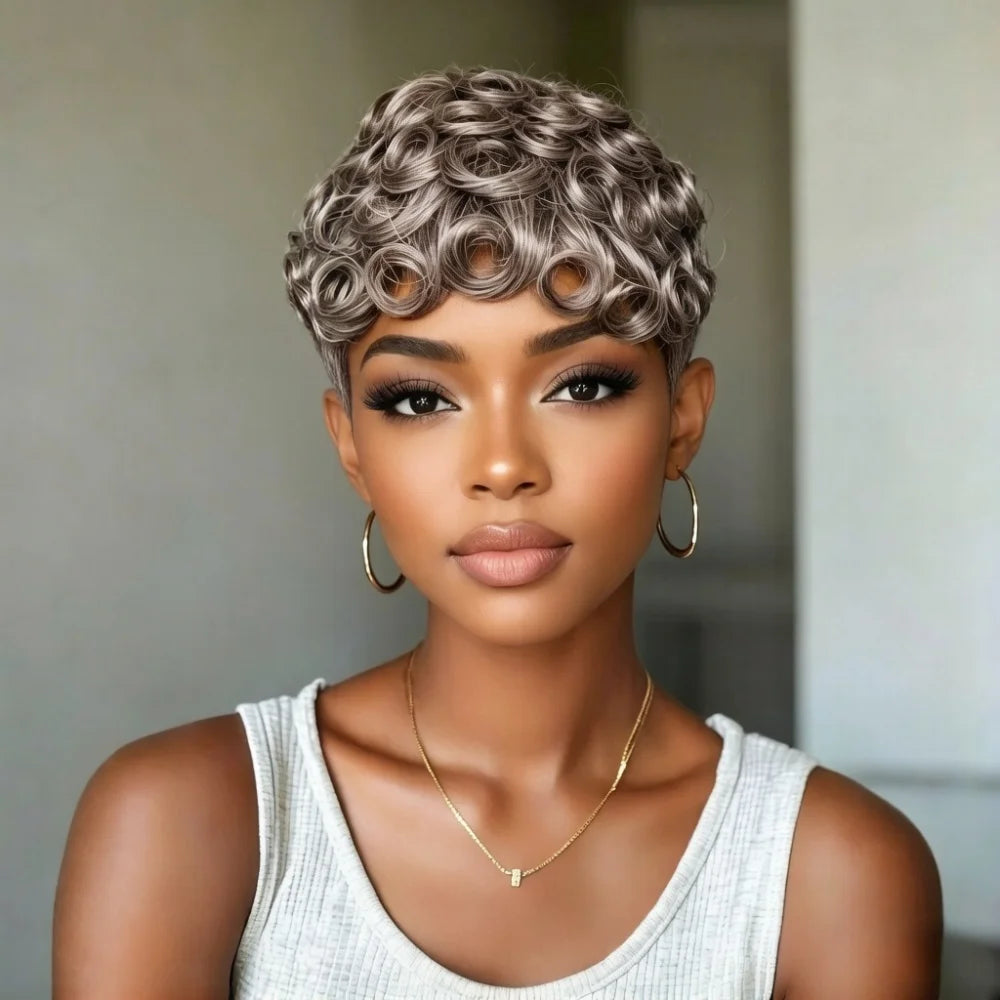 Short Pixie Cut Loose Curly Gray Human Hair Wig for Women Full Machine Made Stylish Silver Grey Synthetic Hair Topper