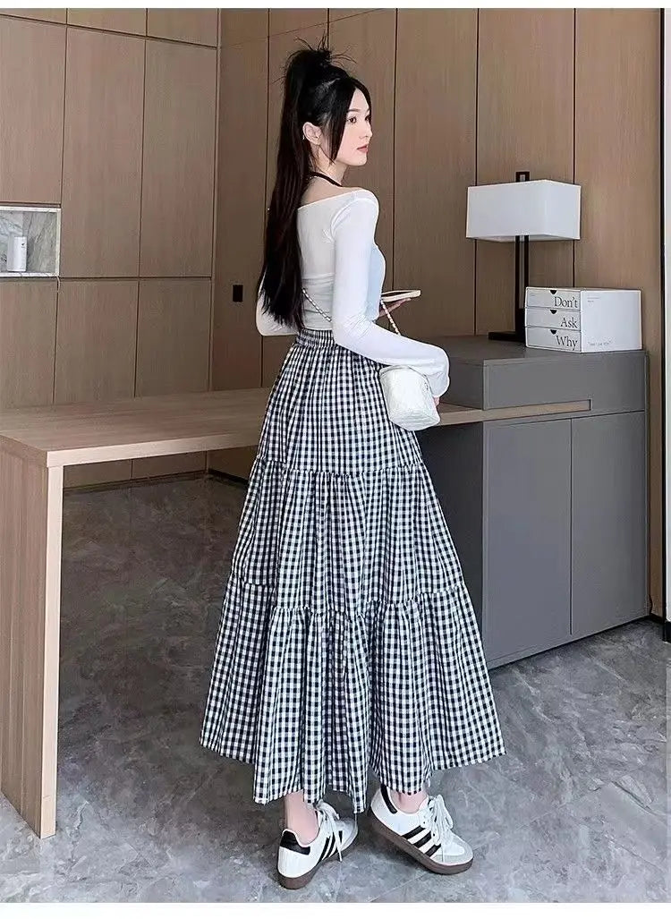 Jupe patchwork à volants pour femme, style vintage, à carreaux, taille haute, élastique, amincissante, mi-longue, été