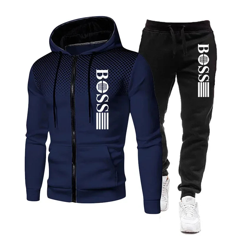 2026 New Men's Zippered Hooded Sweatshirt + Casual Pants Set, suitable for autumn and winter fashion, fitness and warm sports we
