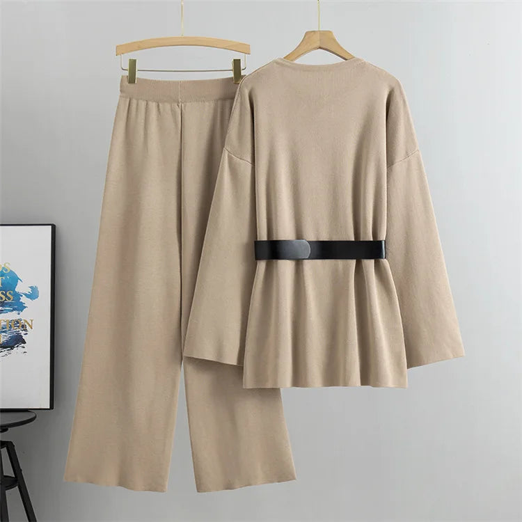 New Fashion Elegant Sweater Pants Suit Women Outifits 2025 Autumn Loose Sweater with Knitted Wide-leg Pants Female Two-piece Set