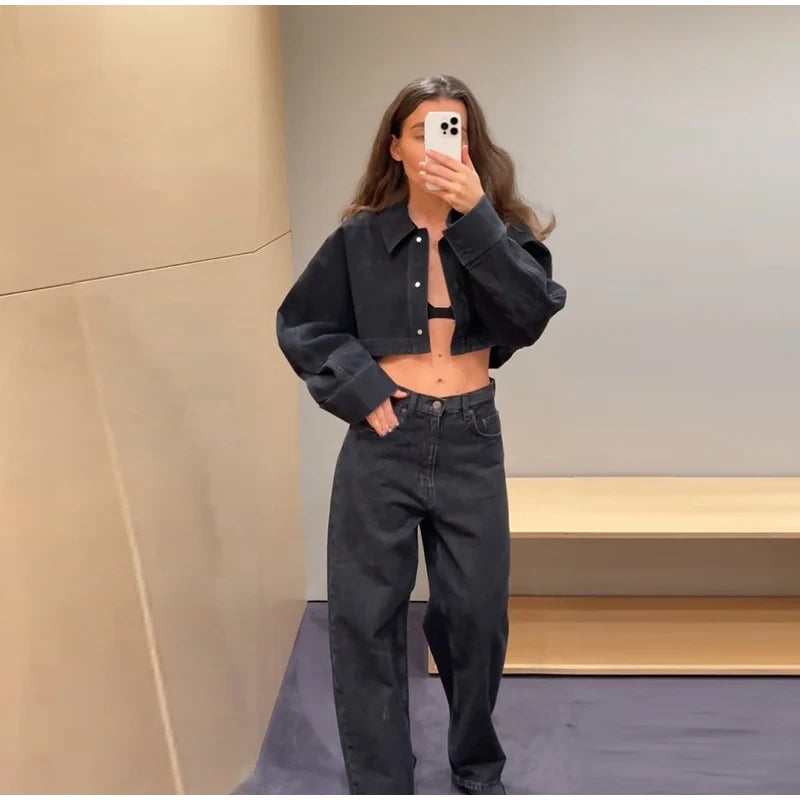 Women Denim Short Tops Pants 2 Piece Sets Lapel Baggy Long Sleeves Coats Straight Wide Leg Loose Jeans Suits 2025 Summer Outfits