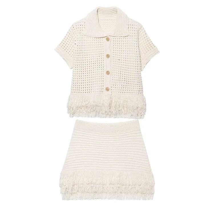 HipSeam Fringed Check Knit Skrts Sets Short Sleeved Lapel Button Tops Sexy Hip High Waist Skirts 2 Piece Set Women's Outfits