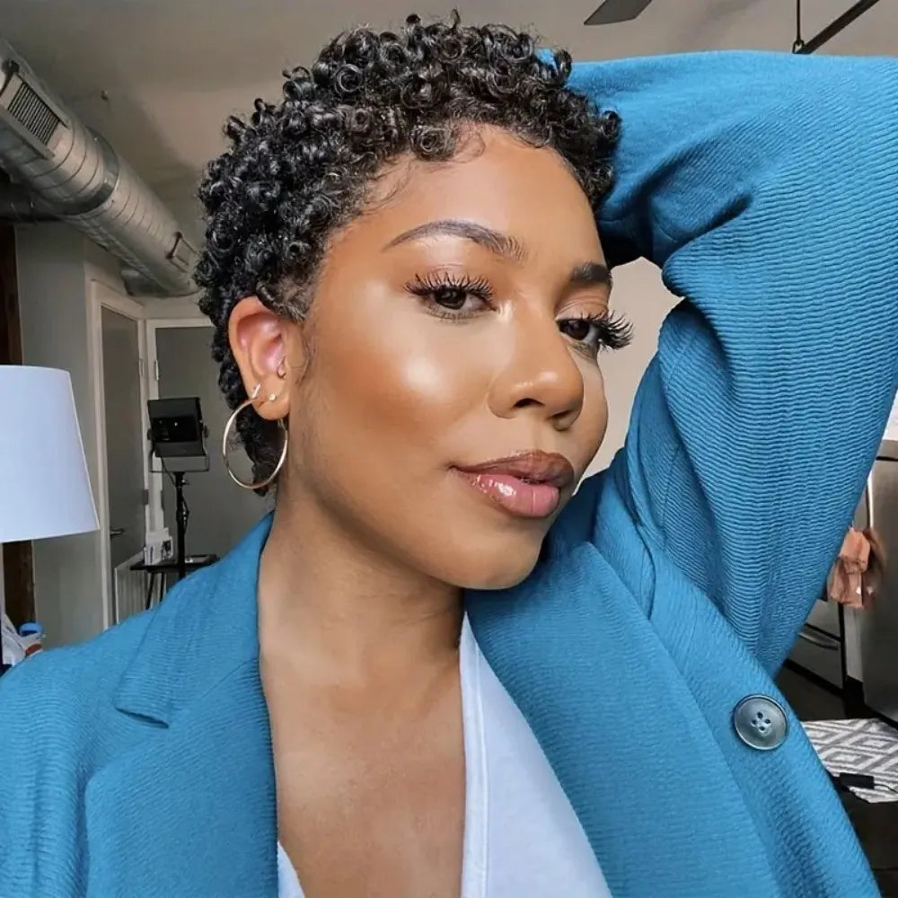 Short Kinky Curly Human Hair  Full Machine Wig for Women