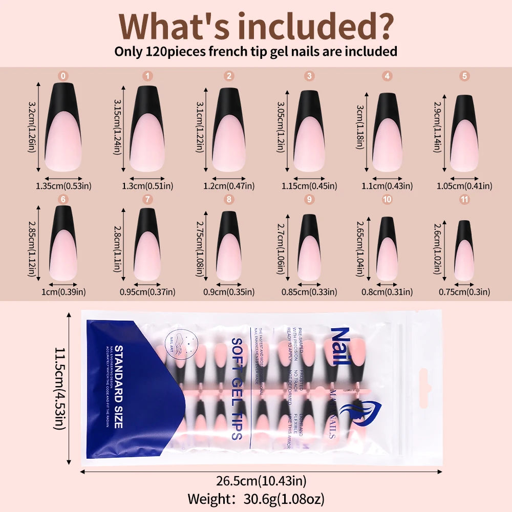 120pcs Black Edge Super Long French False Nail Removable Ballerina Coffin Almond Fake Nail Artificial Acrylic Press On Nail Tips
