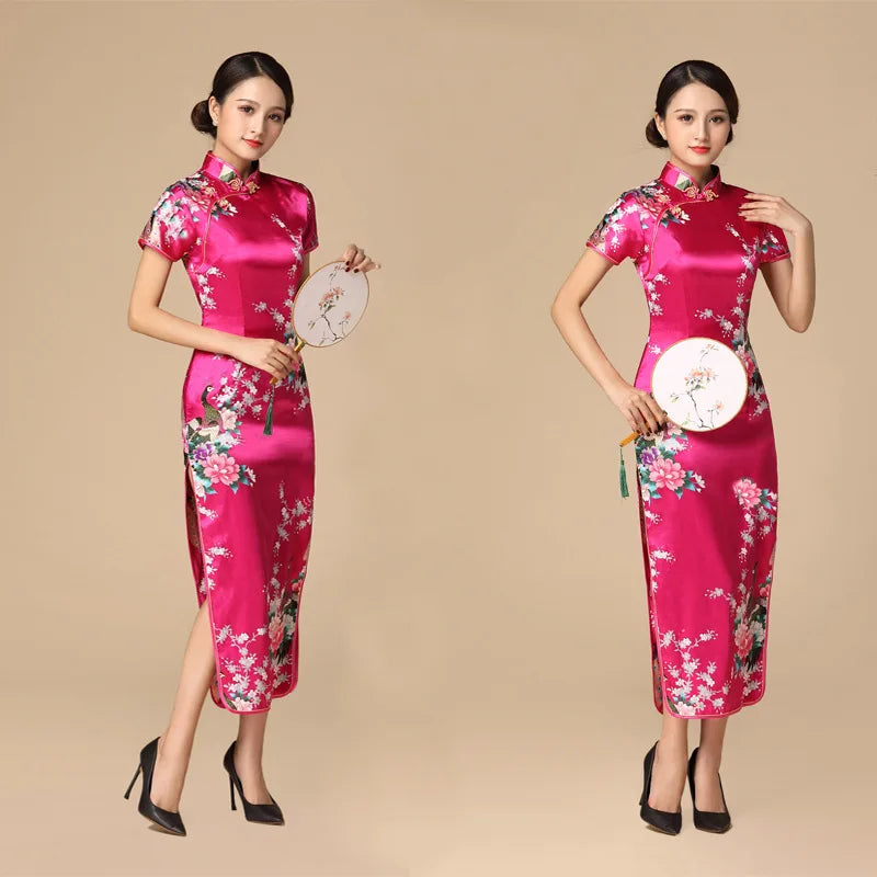 Print Satin Qipao Lady Elegant Dresses Sexy Cheongsam Chinese Tradition Style Dress Summer New Long Qipaos Plus Size 4Xl5Xl6Xl