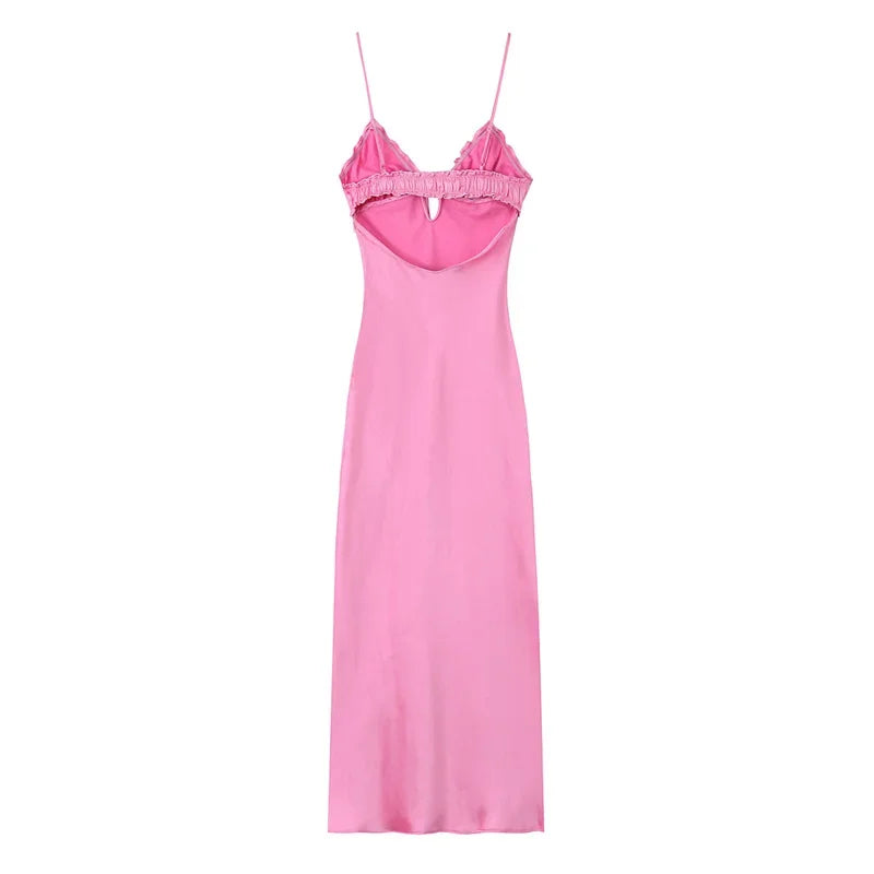 women's clothing summer new beach style fashion temperament elegant satin texture ruffled sling midi dress 3573/331