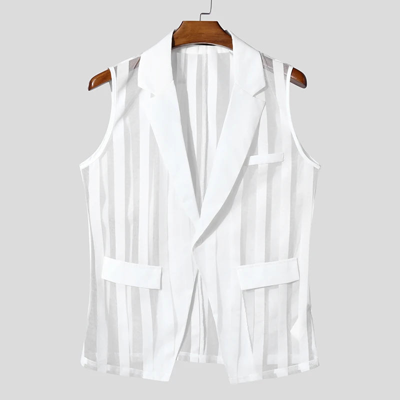 Men Vests Mesh Striped Transparent Sexy Lapel Sleeveless One Button Male Waistcoats Streetwear 2025 Fashion Casual Vests INCERUN
