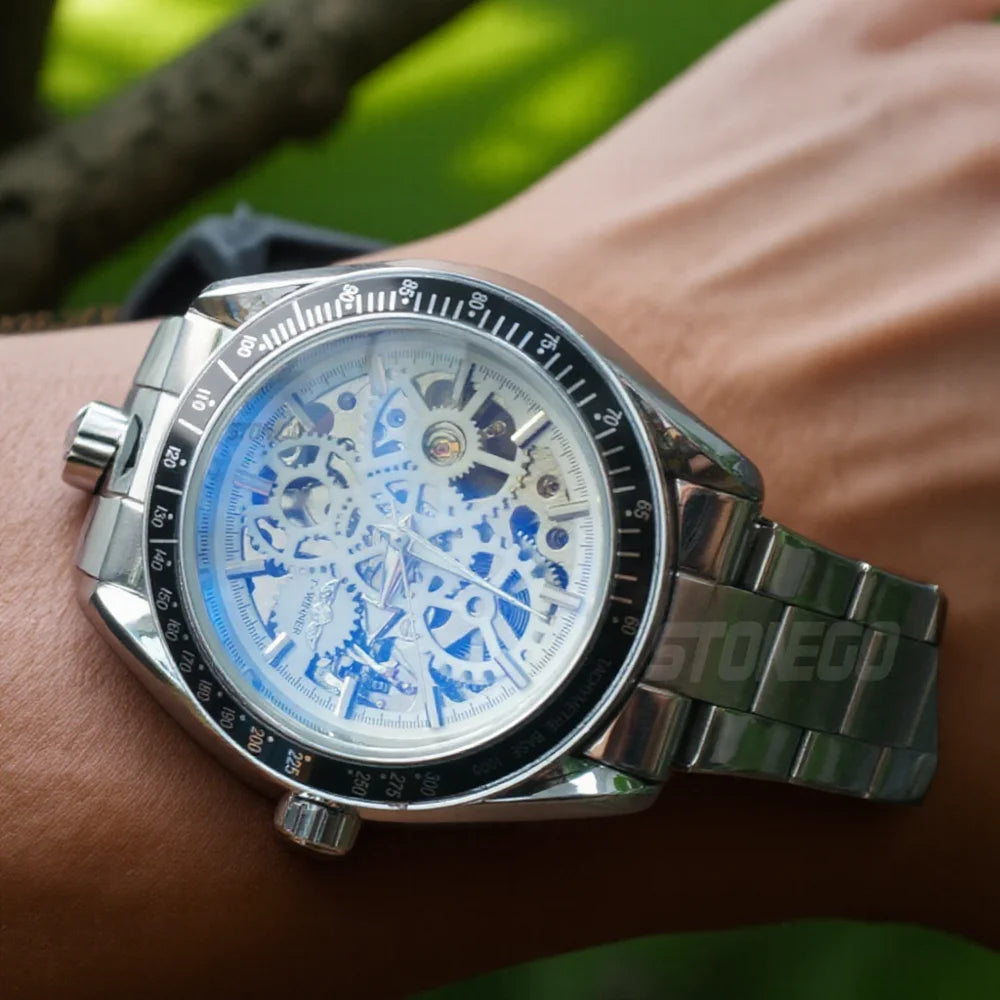 Women Automatic Mechanical Skeleton Watch Self-Winding Water Resistant Gold Plated Dress Wristwatch