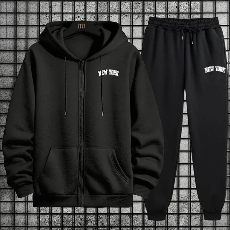 Street Style Men Tracksuit Set 2pcs Zipper Hoodie Sweatpants Urban Streetwear Outfit Autumn Winter City Vibes Sportswear