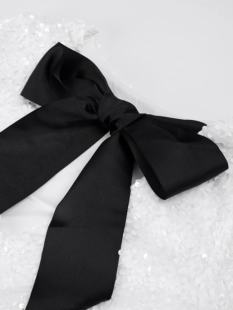 Fashion Shining Sequin Mini Dresses Women Long Sleeve Bowknot Chic Short Robe Female Elegant Holiday Evening Party Look Vestidos