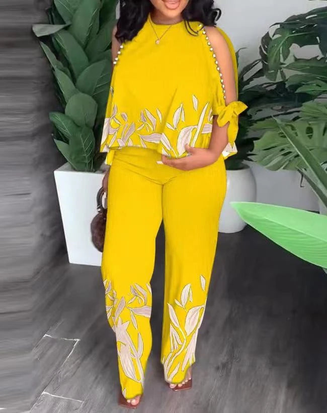 Two Piece Sets Women Outifit Beaded O-Neck Split Sleeve Top & Casual High Waist Straight Leg Pants Set 2023 Summer New Fashion