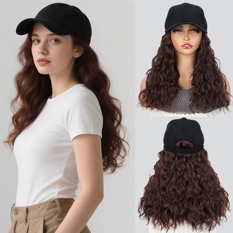 Synthetic 18Inch Long Curly Elegant Black Baseball Cap Hat Wig Heat-Resistant Hair Easy Wear Versatile for All Occasions