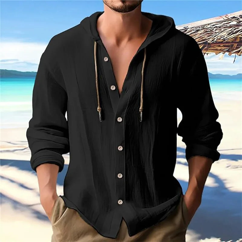 Camisas casuales de playa para hombre, de algodón y lino, con capucha, de manga larga, para hombre, holgada, de color liso, con botones, cárdigan, ropa de calle.