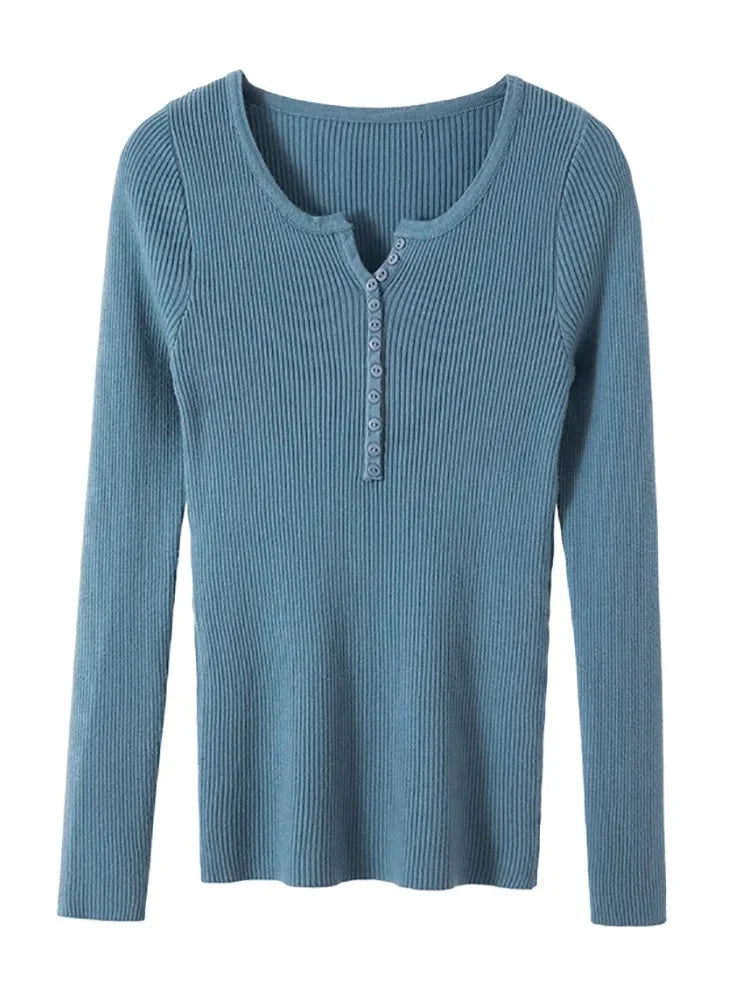 Korea Autumn Winter Button V Neck Sweater Women Basic Slim Pullover Women Sweaters And Pullovers Knit Jumper Soft Warm Tops
