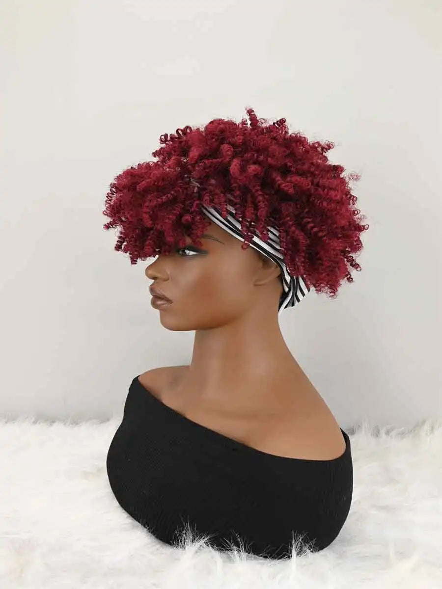 Headband Wig Curly Headband Wig With Bangs For Women Synthetic Afro Curly Hair Wig With Headband Attached Short Kinky Curly Afro High Puff With Bangs Stripes Short Red Curly Wigs with Bangs for Women, Natural Wavy Synthetic W