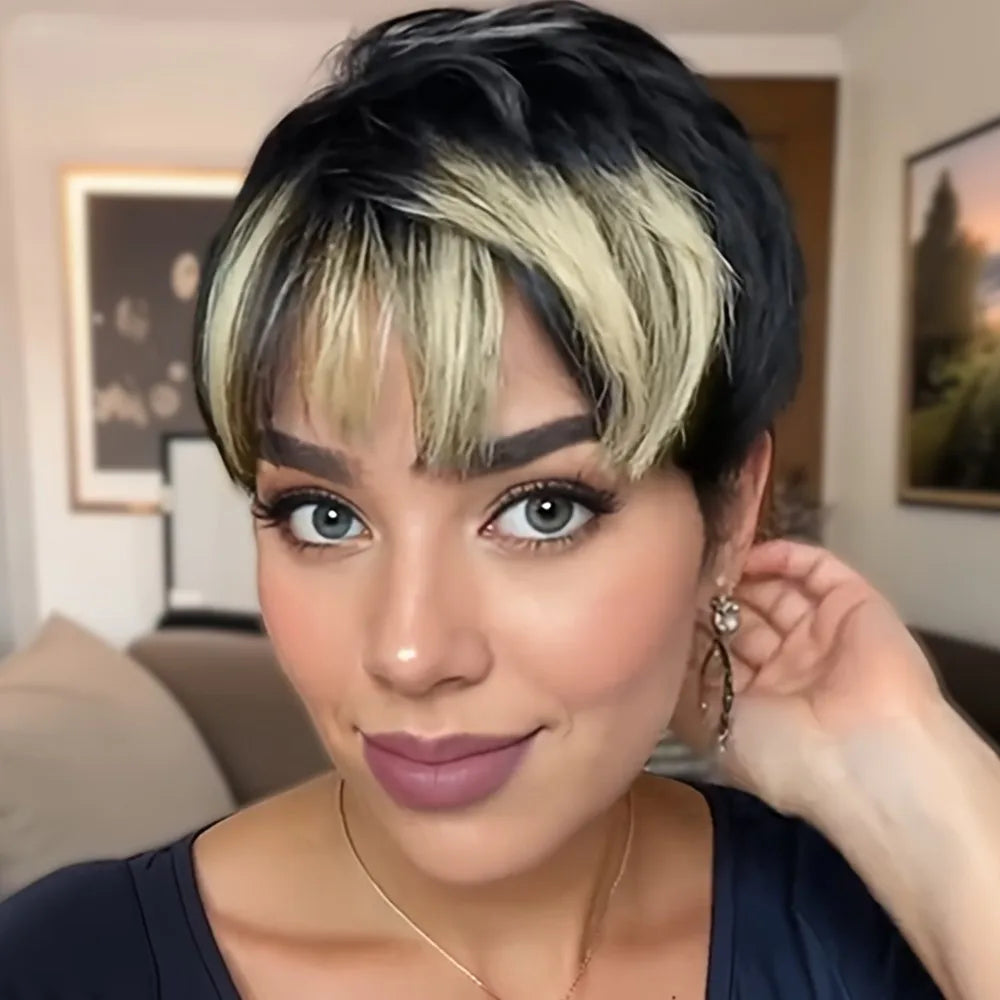 short straight human hair wig machine made black pixie wig blonde color for women daily party use wig pixie cut wig