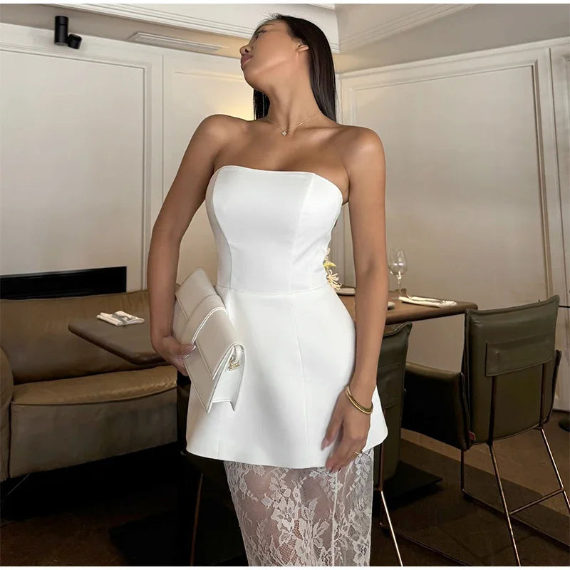 Trendy Tube Top Lace Long Skirts Sets Women Strapless Sleeveless Slim Tops See Through Skirt Summer Chic Party Outfits Dress Set