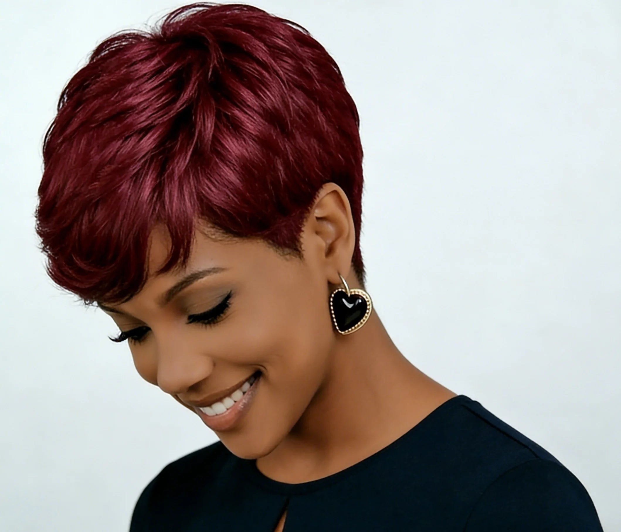 Peluca 99J borgoña pixie cut para mujeres, peluca corta y recta de cabello humano de 6 pulgadas, hecha completamente a máquina.