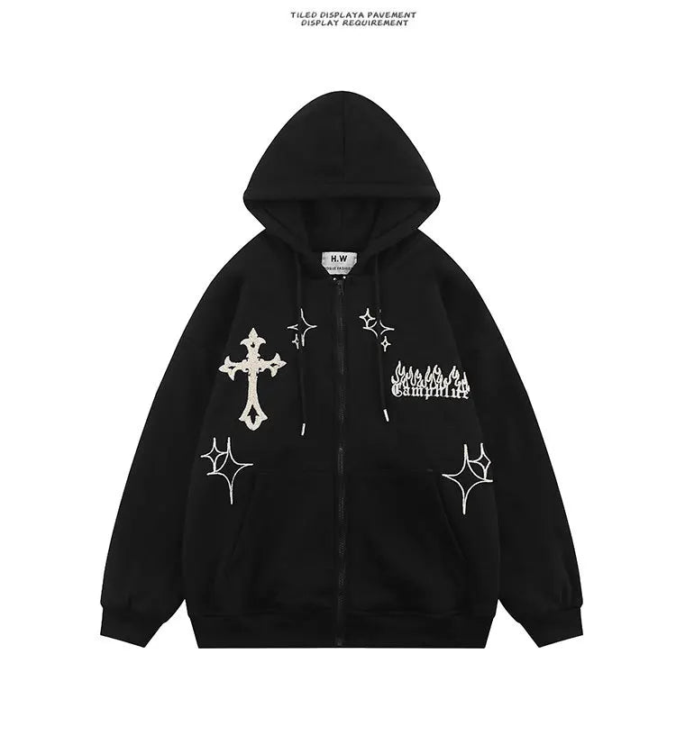Hooded Sweatshirt Men's Women's Cross Embroidery Couple Trend Street Loose Hoodies for Men Clothing Youth Autumn Spring