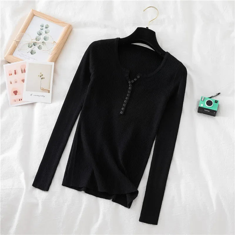 Korea Autumn Winter Button V Neck Sweater Women Basic Slim Pullover Women Sweaters And Pullovers Knit Jumper Soft Warm Tops
