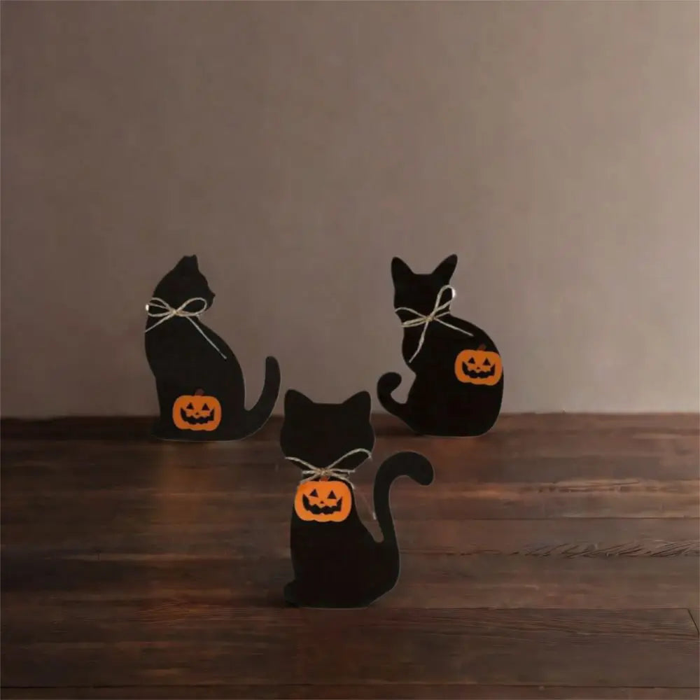3pcs Table Centerpiece Decoration Wooden Halloween Black Cat Ornament Cute Decorative Cat Sculpture Vivid Animal Statue Tabletop
