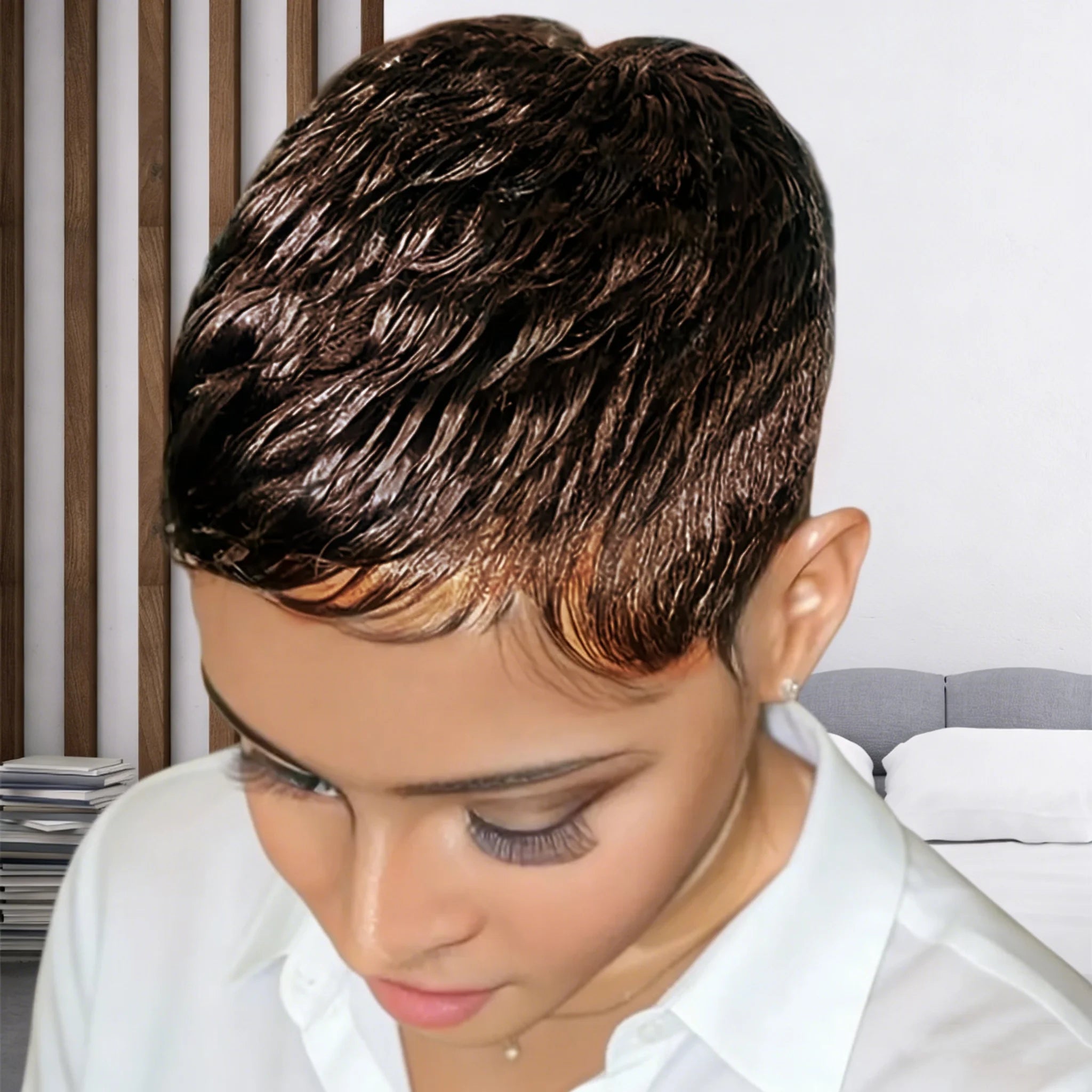 Peluca de cabello humano Pixie con ondas