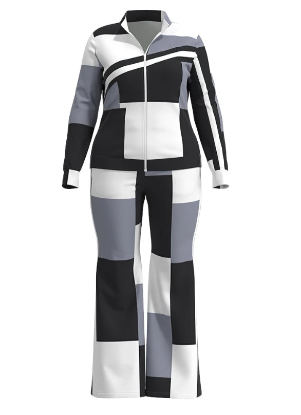 Two Piece Set Women Outfit Autumn Fashion Geometric Print Stand Collar Long Sleeve Zip Up Top & Casual Sporty Pants Set