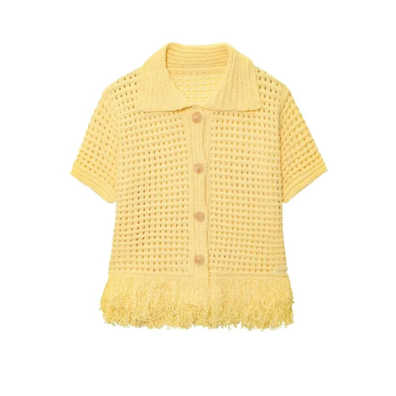 HipSeam Fringed Check Knit Skrts Sets Short Sleeved Lapel Button Tops Sexy Hip High Waist Skirts 2 Piece Set Women's Outfits