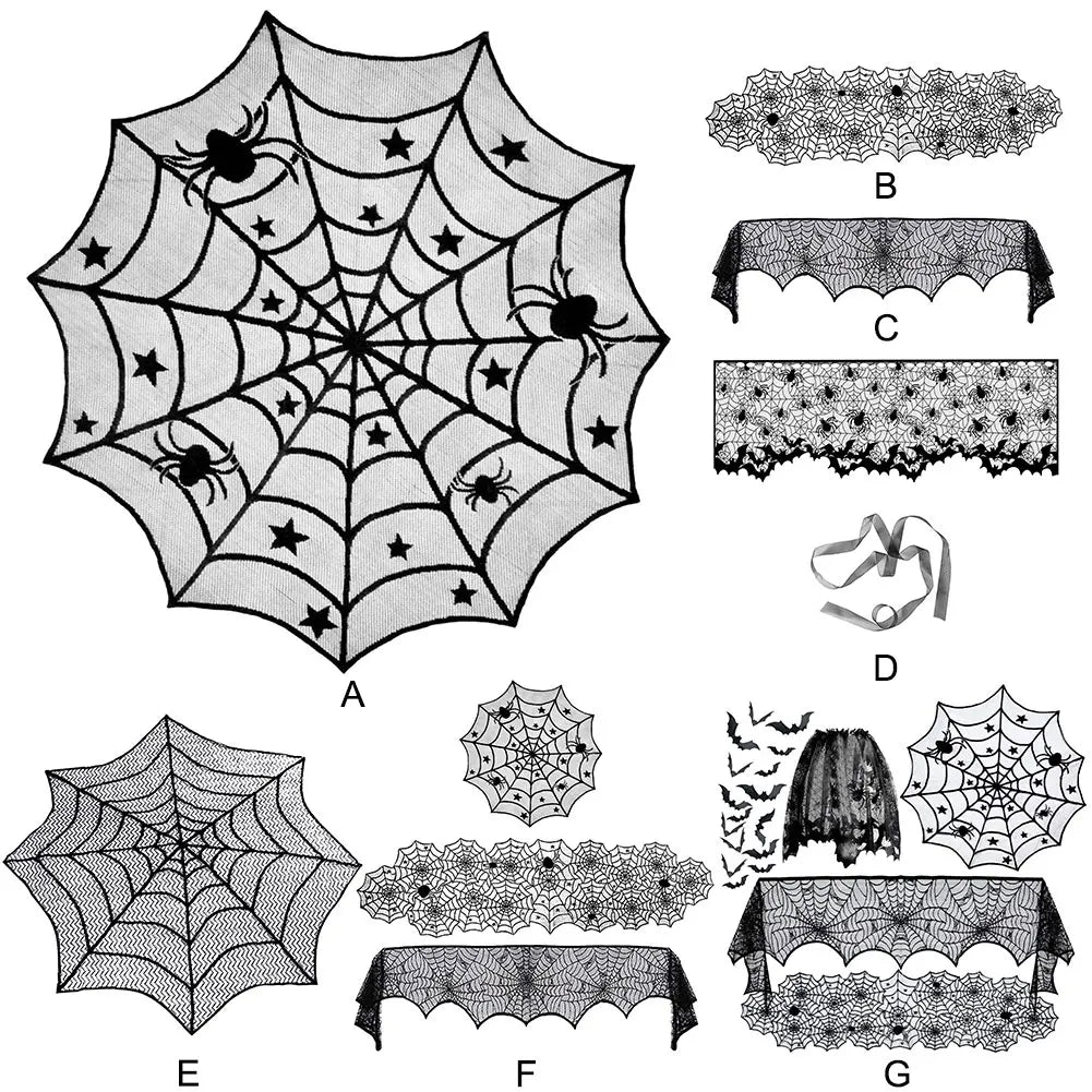 Halloween Lace Spider Web Tablecloths Black Skull Spider Web Fireplace Curtain Mantel Scarf Event Home Party Table Decorations