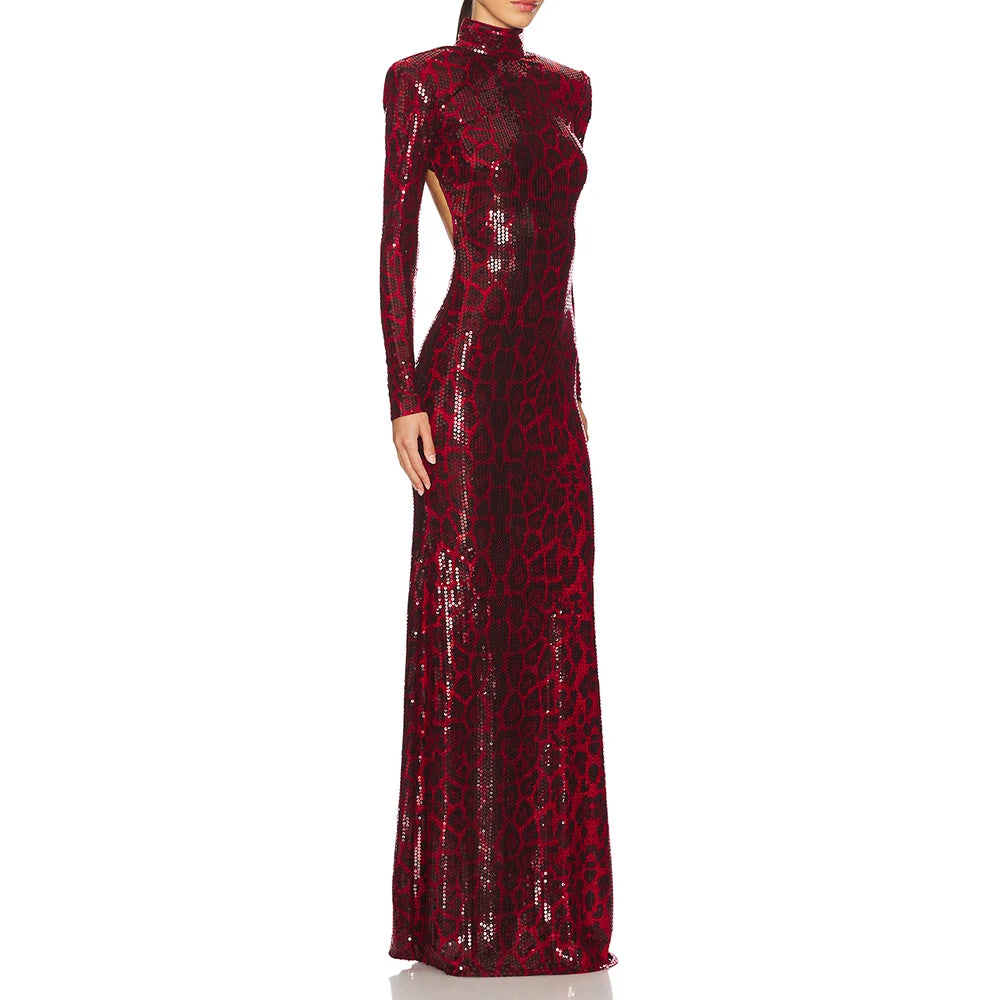 Luxury Sequined Leopard Print Evening Dress for Women 2025 Fashion Long Sleeve High Neck Backless Gowns Sweep Train Dress
