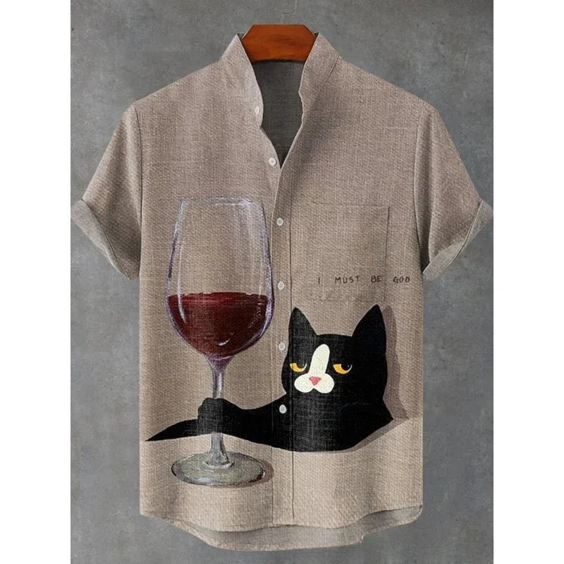 Men's I Must Be God Cat Drinking Red Wine Print Funny Harajuku Shirt Summer Hawaiian Shirts Harajuku Streetwear Casual Tops