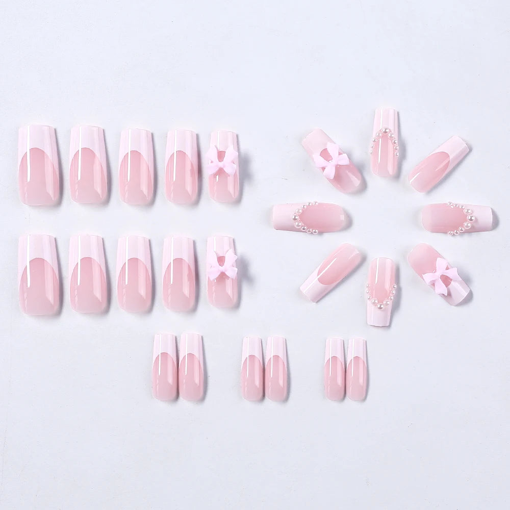 24Pcs 3D Stereo Bow Pearl French False Nails Pink Long Coffin Wearable Ballerina Fake Nails Full Cover Acrylic Press on Nail Tip