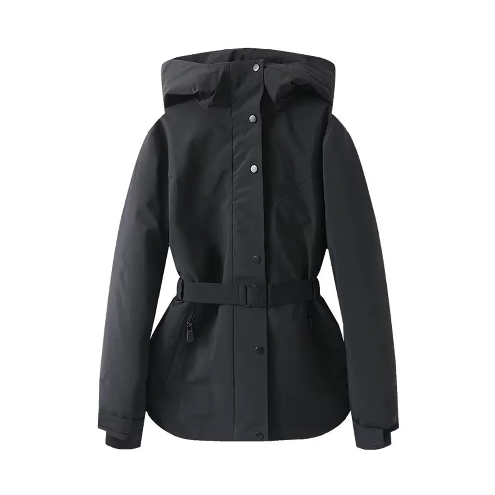fashionable women's clothing with European and American style design featuring a cinched waisthooded skiing and warm co