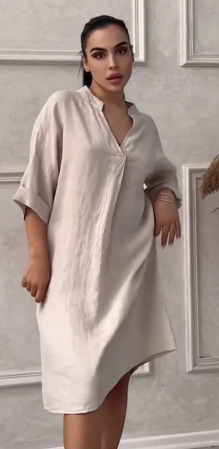 Fashion Cotton And Linen Women's V-neck Loose Dress Spring And Summer Solid Color Casual Short Sleeved Pocket Midi Dresses