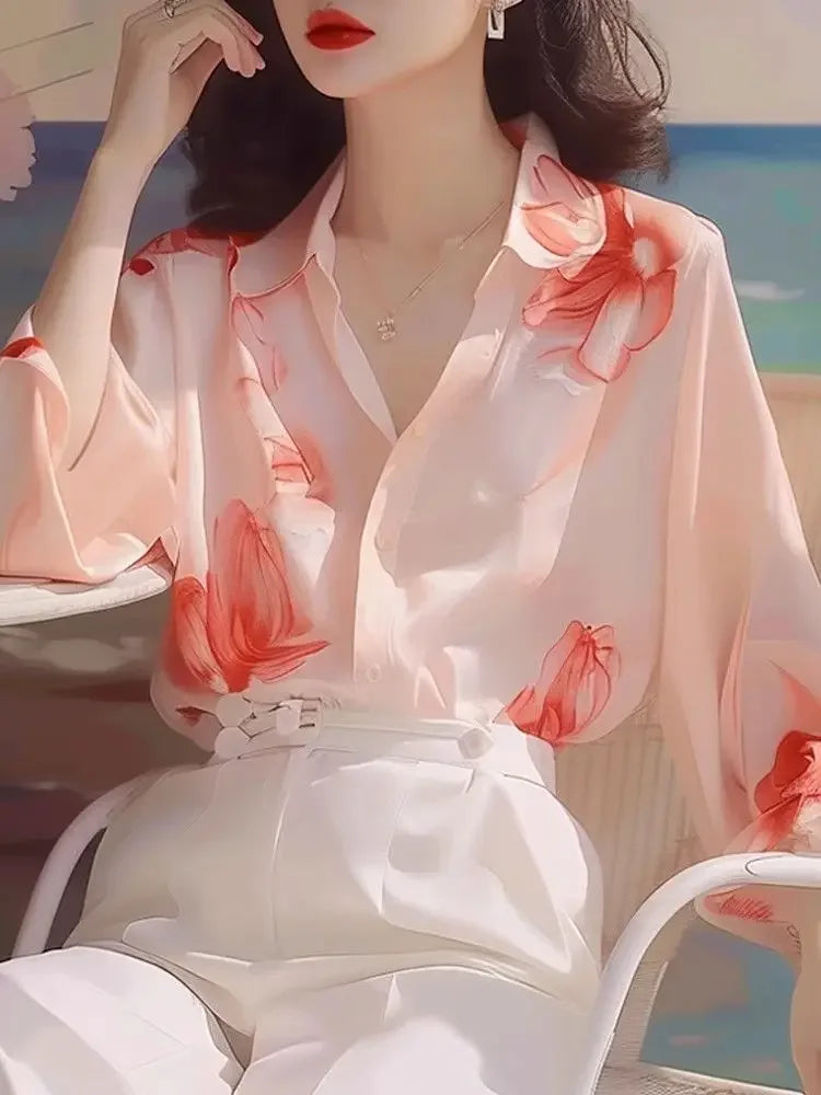 Woman Top Simplicity with Designs Shirts & Blouses for Women Pattern Crop Fashion Elegant Social Clothing Trend Modern Long