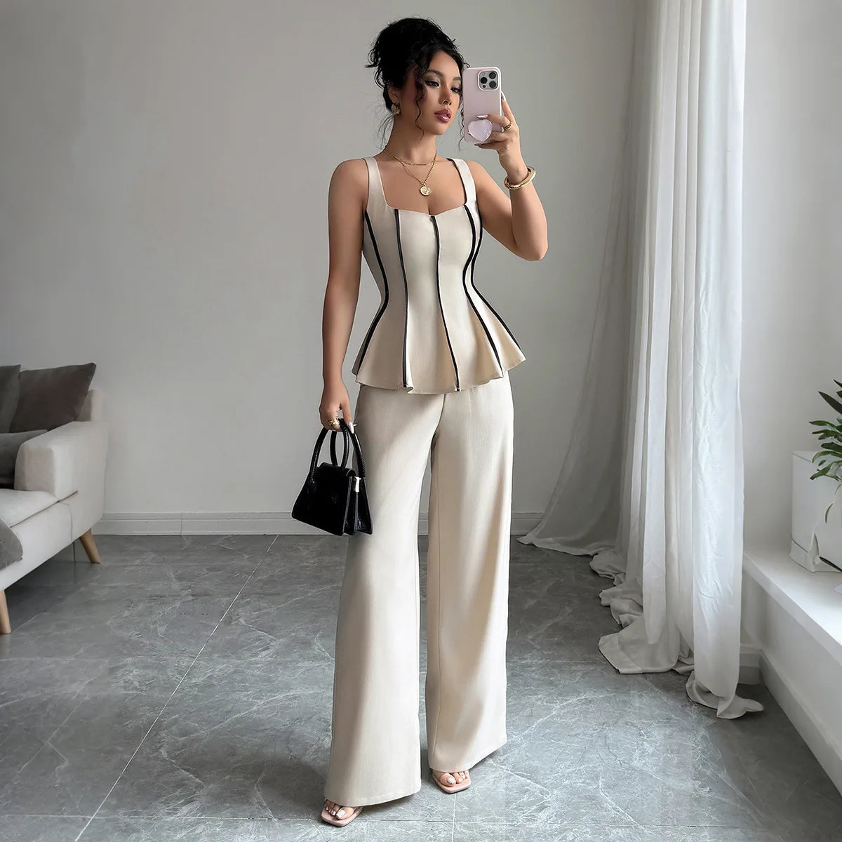 Two Piece Sets Women Pant Set Sleeveless Matching Sets Ruffles Tops Y2k Streetwear Elegant Work Wide Leg Long Pants High Waist