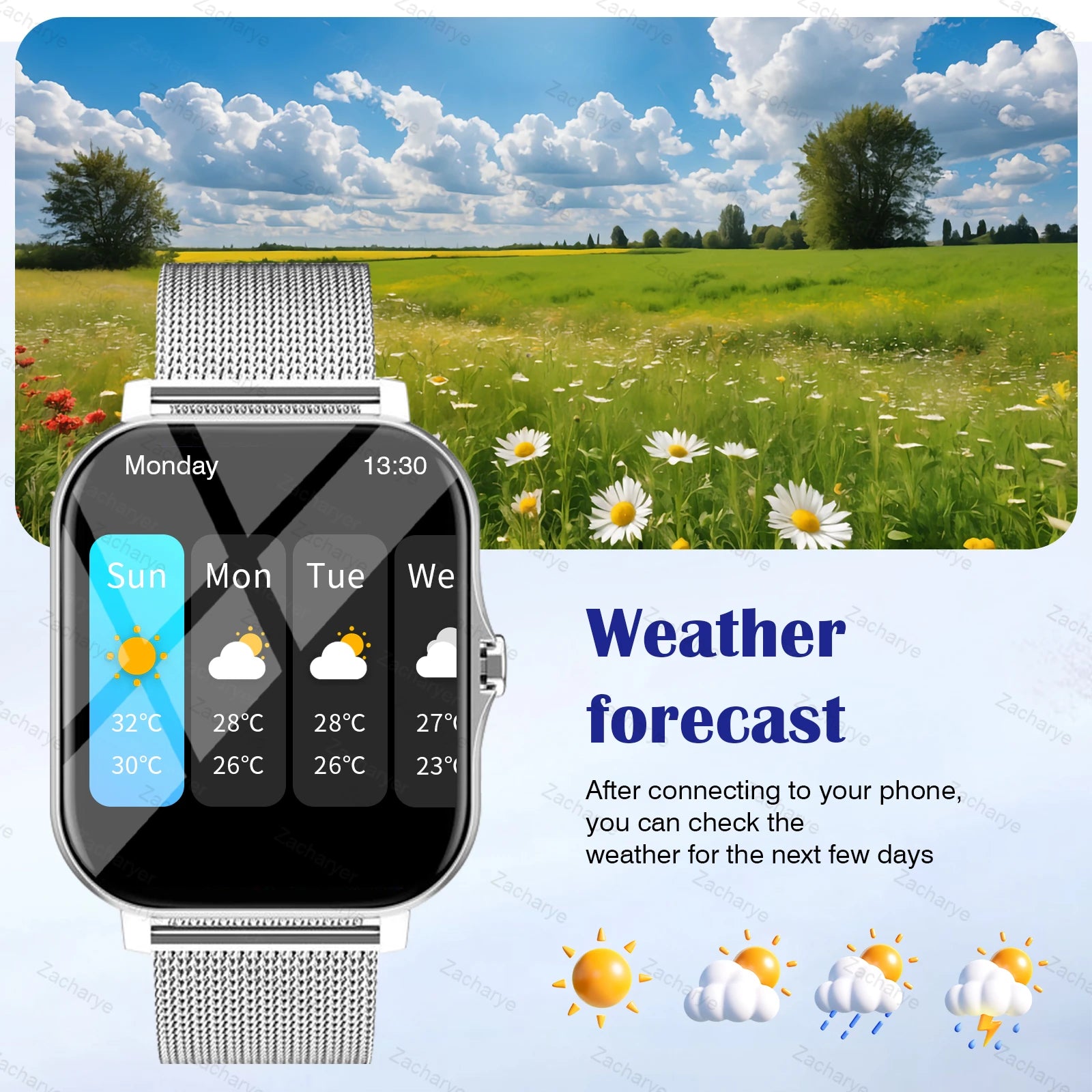 Smart fitness watch, wireless call, multiple exercise modes, SMS alerts, replaceable wallpaper, fitness tracker, outdoor sports
