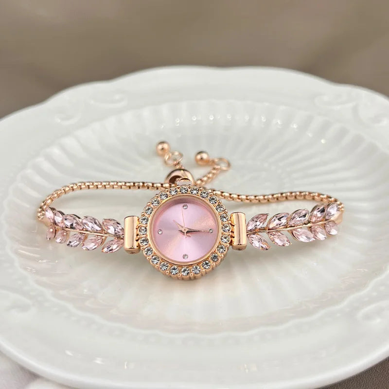 New fashion diamond-encrusted leaf round women's watch simple dial freely adjust cross-border gift watches