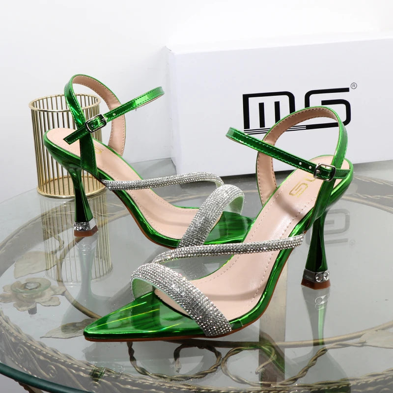 Luxury elegant green shoes  summer new high heels fashion Joker fashion fairy sandals Rhinestone buckle with women's shoes